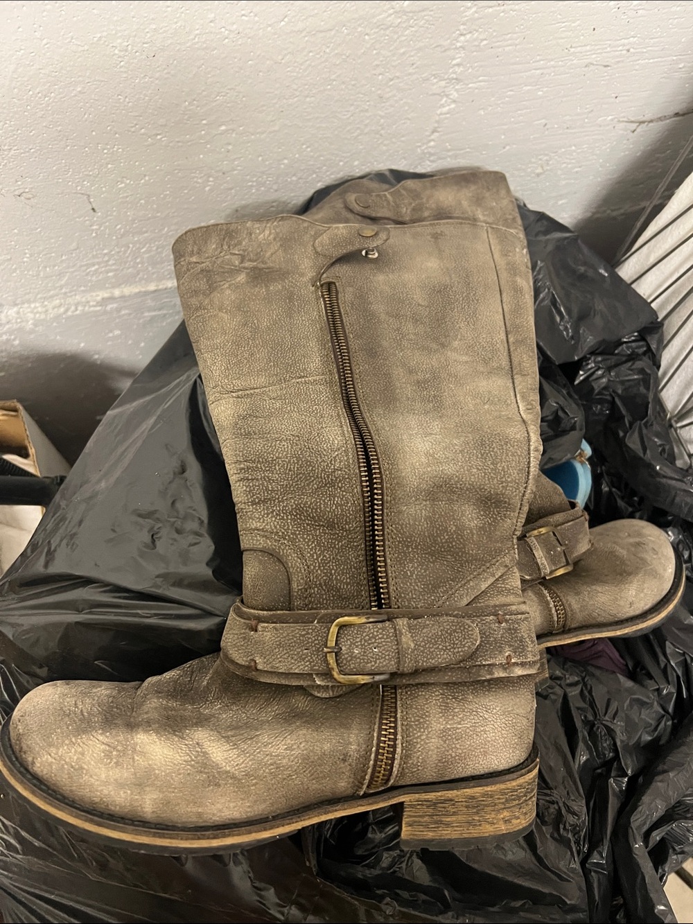 Distressed Mid-Calf Buckle Boots in Taupe